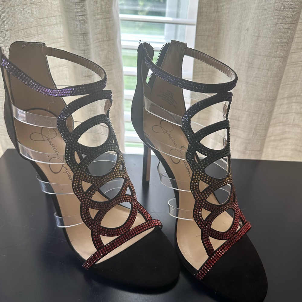 Jessica Simpson Black and Red Heels with Strappy Design